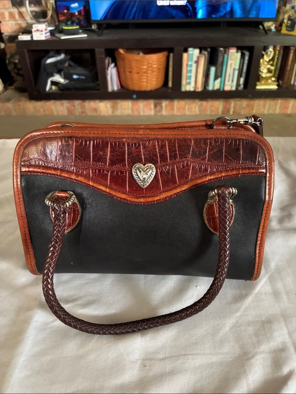 Brighton Black & Brown Croc-Trim Satchel with Heart Medallion